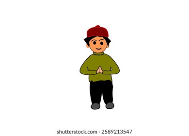 Colorful illustration of a cartoon boy bowing with hands folded, expressing gratitude or welcome. Dressed in a green shirt and red cap, emphasizing cheerful demeanor.