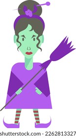 Colorful illustration with cartoon character, avatar of colored Halloween magic witch girl
