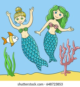 Colorful illustration with cartoon mermaids. Vector clipart based on hand drawn art. Could be used as print for children book or goods.