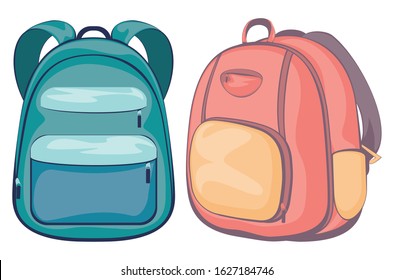 Colorful illustration of cartoon school backpack design isolated.