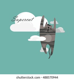 Colorful illustration of cat in the clouds. 