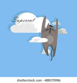 Colorful illustration of cat in the clouds.