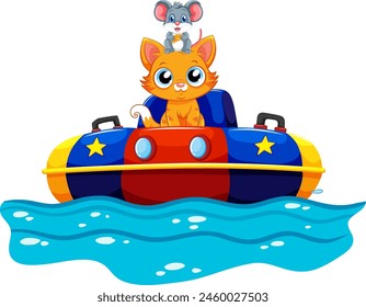 Colorful illustration of cat and mouse enjoying a boat ride