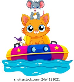 Colorful illustration of cat and mouse on a boat