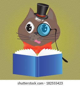 colorful illustration with cat reading a book for your design