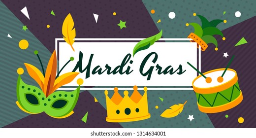 Colorful illustration of celebrating thThis illustration depicts celebration of the Mardi Gras Carnival, in this illustration shows a carnival mask, crown, 