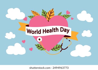 Colorful Illustration Celebrating World Health Day with Heart and Stethoscope