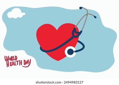 Colorful Illustration Celebrating World Health Day with Heart and Stethoscope