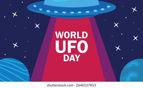 A colorful illustration celebrating World UFO Day. A flying saucer emits a beam of light in a starry night sky with planets in the background.
