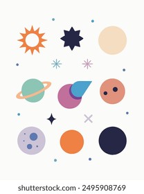 A colorful illustration of celestial objects like planets, stars, and moons. This design is perfect for adding a touch of space to your projects. 