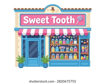 A colorful illustration of a charming candy store named 'Sweet Tooth' with a striped awning and display window full of sweets.
