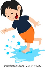 Colorful illustration of a cheerful boy playing and splashing barefoot in a puddle. Ideal for children’s books, educational materials, and playful designs.