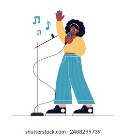 Colorful illustration of a cheerful singer with a microphone, performing on stage. Ideal for themes related to music, entertainment, concerts, and lifestyle. Perfect for creative and expressive design