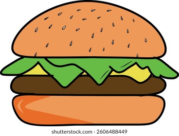 Colorful illustration of a cheeseburger featuring fresh lettuce,melted cheese,and a sesame-seeded bun on a white background.Perfect for food-related concepts,design projects, or educational materials.