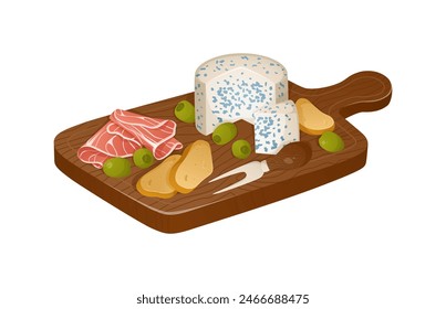 Ilustración colorida de quesos y otros aperitivos en la tabla de cortar. Hammon, queso azul, pan, aceitunas y uva en un estilo realista. Ilustración vectorial. Bandeja de queso de madera, tabla de queso para vino