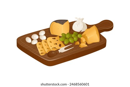 Ilustración colorida del plato de quesos. Diferentes tipos de quesos y uvas en estilo realista. Ilustración vectorial. Tabla de cortar madera, bandeja de queso. Mozzarella, masdam, parmesano y burrata.