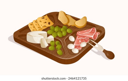 Ilustración colorida del plato de quesos con otros aperitivos. Diferentes tipos de quesos, jamón, pan, aceitunas y uva en un estilo realista. Ilustración vectorial. Bandeja de queso de madera, tabla de queso