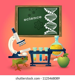 Colorful illustration with chemistry class attributes- blackboard, microscope, vials with different liquids and experimental frog and apple