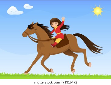 colorful illustration for children - a cute Asian girl riding horse