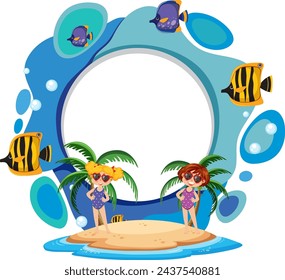 Colorful illustration of children on a beach frame