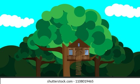 Colorful Illustration with Children's Treehouse on a Tree