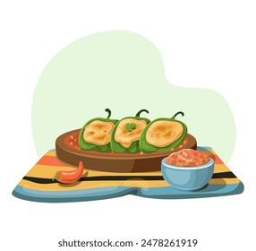 Colorful illustration of Chiles Rellenos served with bowl of salsa and chili pepper on striped cloth. Mexican cuisine and traditional dish.