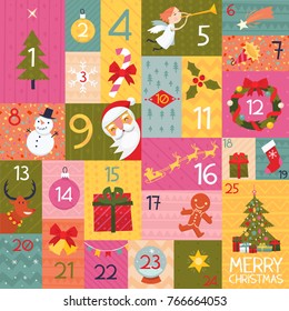 Colorful illustration with christmas elements and numbers. Advent calendar for children