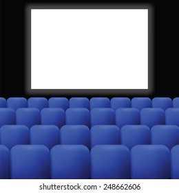 colorful illustration  cinema with blue curtain on dark background