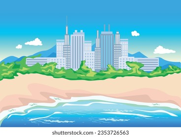 Colorful illustration of city beach. Resort town. Summer vacation by the sea. Vector illustration in a flat style.