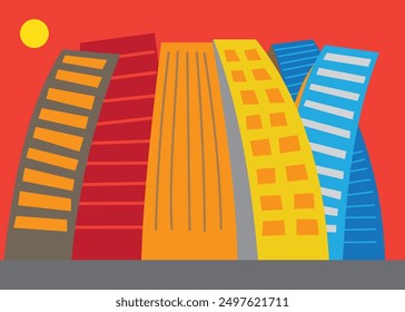 Colorful illustration of a city with tall buildings, like an urban landscape, cartoon style