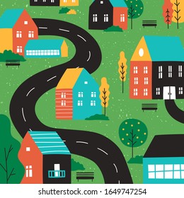 町のカラフルなイラストや村のイラスト さまざまな家 ベンチ 木 道 道 通りの子供のイラスト 印刷 子供の織物 ポスター のベクター画像素材 ロイヤリティフリー Shutterstock