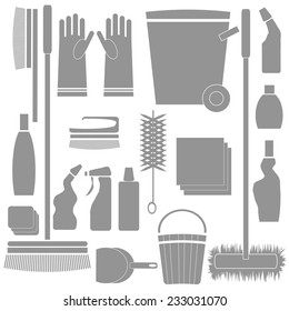 colorful illustration with  Cleaning Tools silhouettes on white background