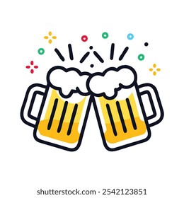 Ilustración colorida de tazas de cerveza que parpadean, ilustración vibrante de dos tazas de cerveza que parpadean con espuma, que simboliza la celebración, reuniones sociales y ocasiones festivas como Oktoberfest.