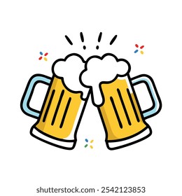 Ilustración colorida de tazas de cerveza que parpadean, ilustración vibrante de dos tazas de cerveza que parpadean con espuma, que simboliza la celebración, reuniones sociales y ocasiones festivas como Oktoberfest.