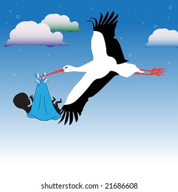 Colorful illustration with clouds and stork flying high carrying a baby