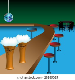 Colorful illustration with colored chairs in a bar and two glasses with cold beer