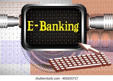 Colorful illustration with computer keyboard and a screen with the text e-banking written on the screen