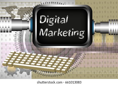 Colorful illustration with computer screen, keyboard and the text digital marketing written on the computer's screen