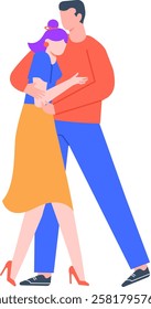 Colorful illustration of a couple embracing, showcasing love and affection. The man and woman are depicted in bright, modern clothing, highlighting a sense of warmth and connection