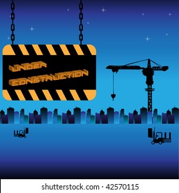Colorful illustration with crane silhouette, modern buildings and a warning plate with the text under construction hanging on chains