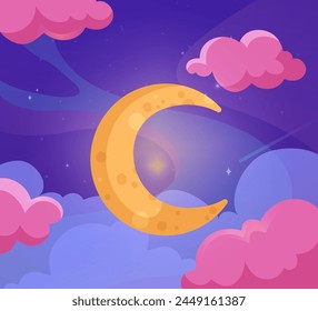 A colorful illustration of a crescent moon among fluffy clouds against a starry night sky, embodying a dreamlike fantasy theme. Vector illustration