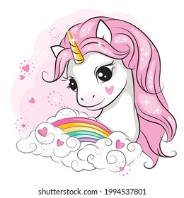 Colorful illustration of cule little unicorn with pink mane. Rainbow and clouds. Beautiful picture for your design. 