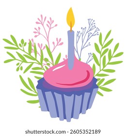 colorful illustration of a cupcake with pink frosting, a lit candle, and floral elements. Ideal for birthday cards, invitations, party decor, and digital designs.