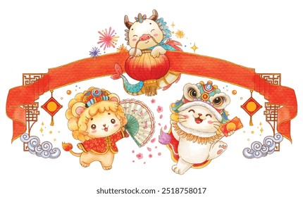 Colorful illustration of cute animals in traditional Chinese attire celebrating New Year with fireworks and decorations. Perfect for festive and cultural projects.