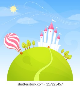 colorful illustration of a cute castle standing on green hillock