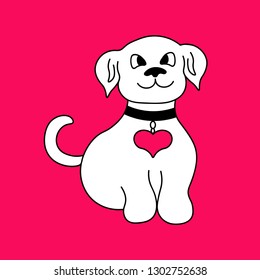 Colorful illustration. Cute dog in white with red heart on chest on bright background.