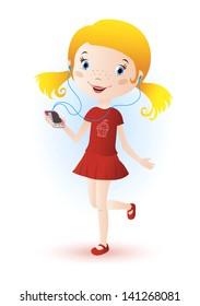 Colorful illustration of cute little girl character running and listening to music