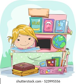 Colorful Illustration of a Cute Little Girl Manning a Roadside Book Shop Selling Geography Books