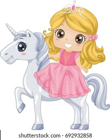 Colorful Illustration of a Cute Little in a Pink Gown and Tiara Riding a Unicorn