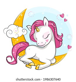 Colorful illustration of cute little sleeping unicorn on moon. Beautiful picture for your design. 
